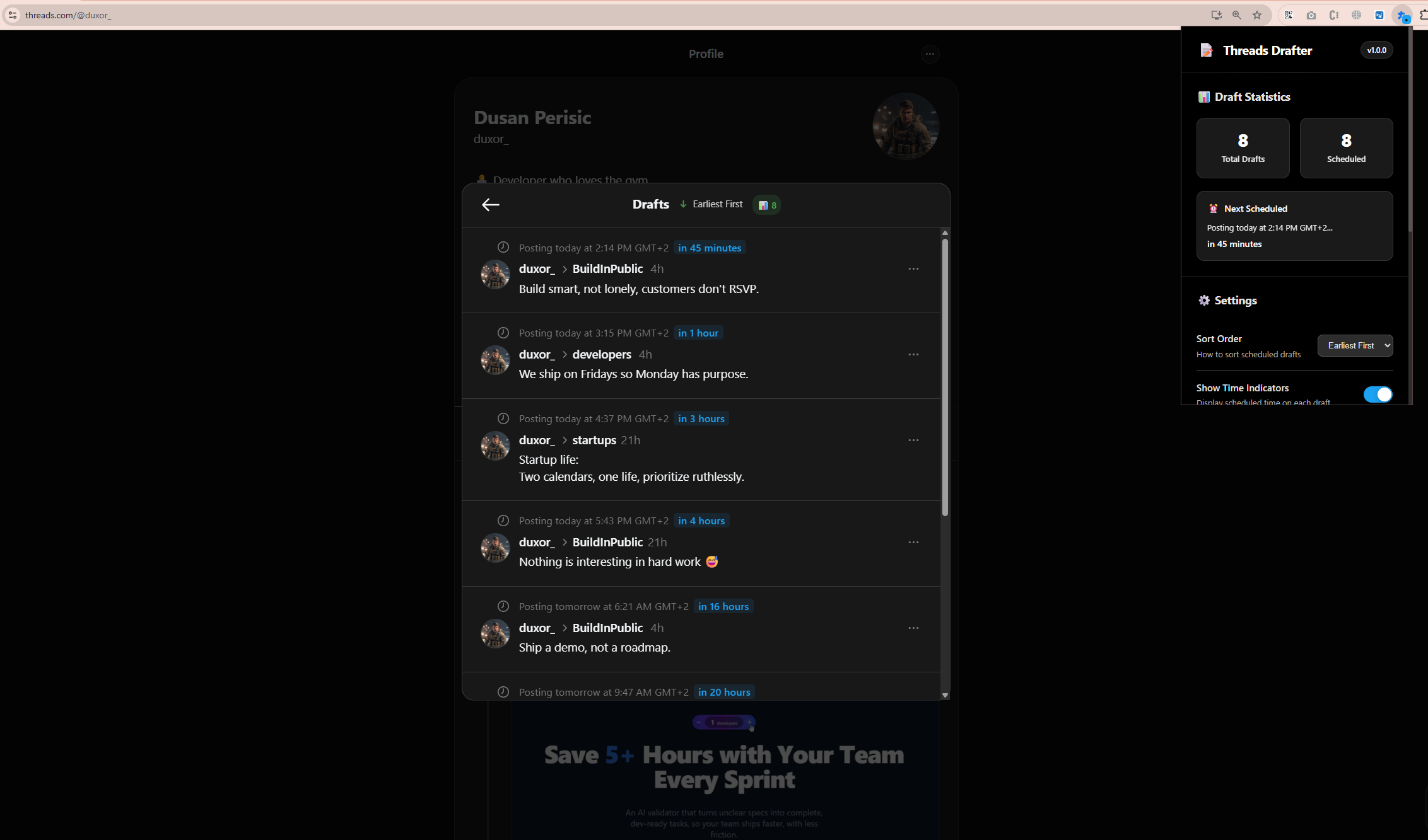 Threads DraftCraft interface showing sorted drafts and statistics